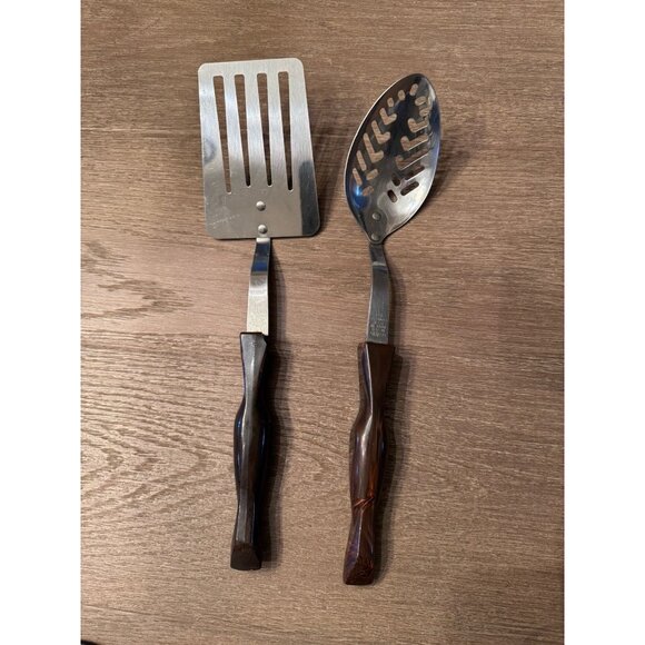 Cutco 1713 Slotted Spoon 1716 Spatula Stainless MCM Brown Marbled - Picture 1 of 9